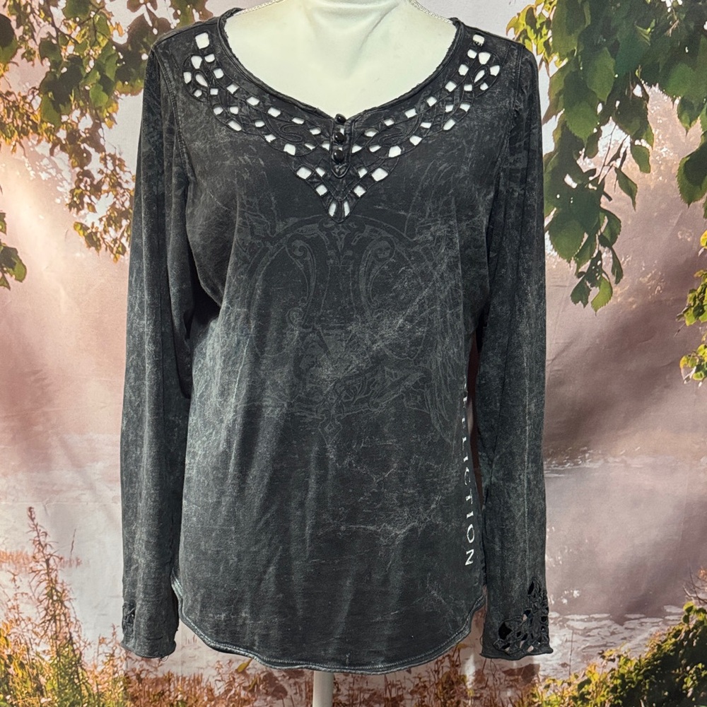 Affliction Charcoal Long Sleeve Top with Cutout Neckline